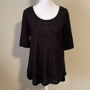 Athleta sheer black knit shirt sleeve top woman’s size Medium, high low
